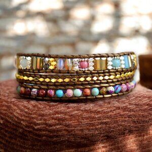 🆕️Bohemian Bliss Natural Jasper & Crystal Vegan Leather Wrap Bracelet 🎁💎🌈✨